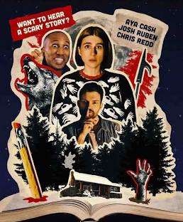 The film poster for Scare Me by Josh Ruben, featuring the three actors in a dark woods and a cabin with snow on the ground that turns into an open book.