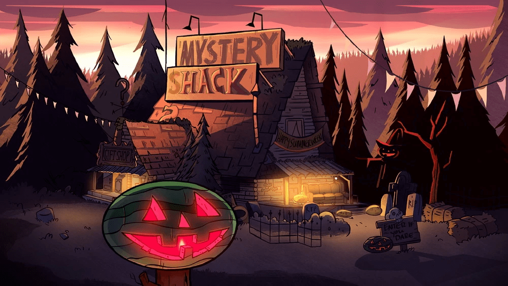 A screenshot of The Mystery Shack from the animated show, Gravity Falls, which is surrounded by pine trees and a watermelon carved like a jack-o-lantern in the foreground. 