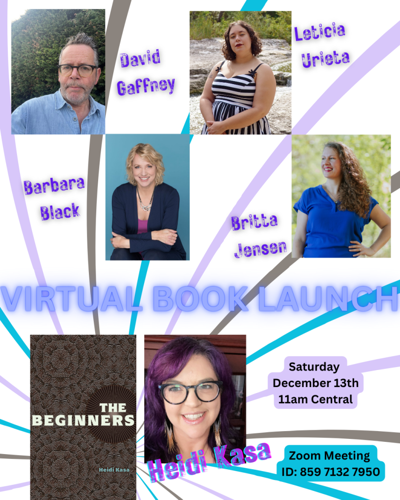 A grid of 5 author photos of David Gaffrey, Leticia Urieta, Barbara Black, Britta Jensen and Heidi Kasa. The text in bold blue text says Virtual Book Launch, and then in smaller black text at the bottom right of the graphic it says Saturday, December 13th 11am Central and a Zoom Meeting link. 