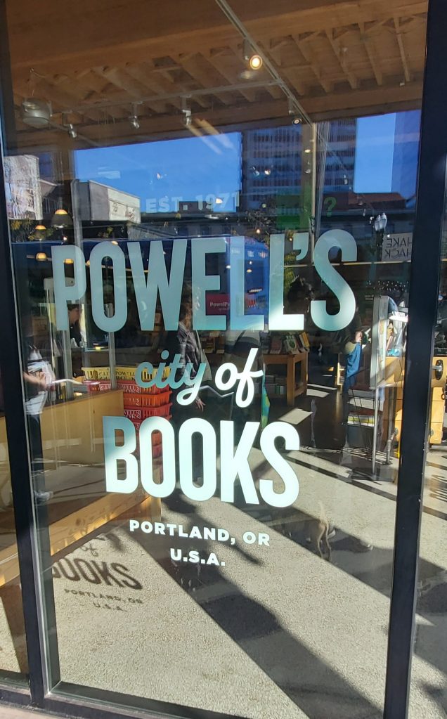 The glass display window of Powell's City of Books in Portland Oregon.